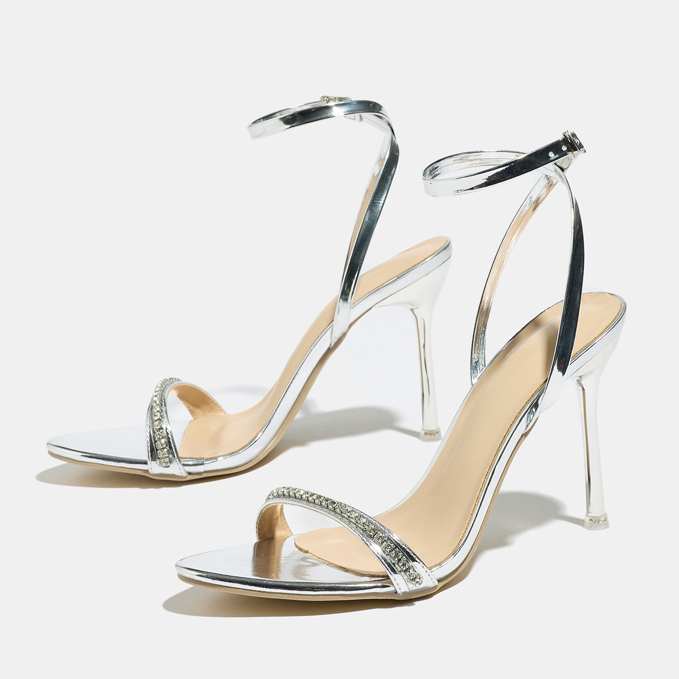 2025 New Summer Silver Rhinestone Stiletto Sandals