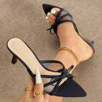 Sparkle Mesh Bow Pointed Toe Kitten Heel Mules