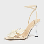 3D Iridescent Butterfly Embellished Matte Beige Fishmouth Stiletto Sandals