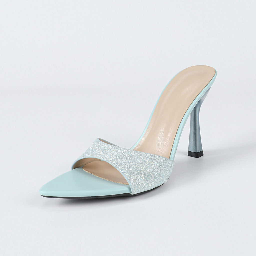Glitter Accent Light Blue Pointed Toe Stiletto Mules
