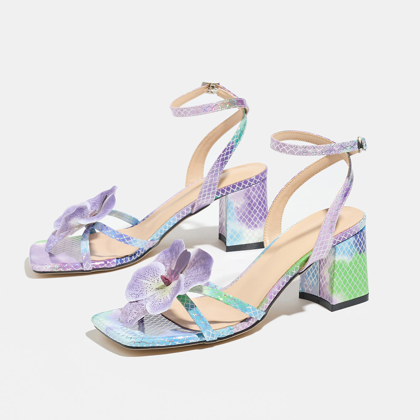 Orchid Embellished Colorblock Block Heel Sandals