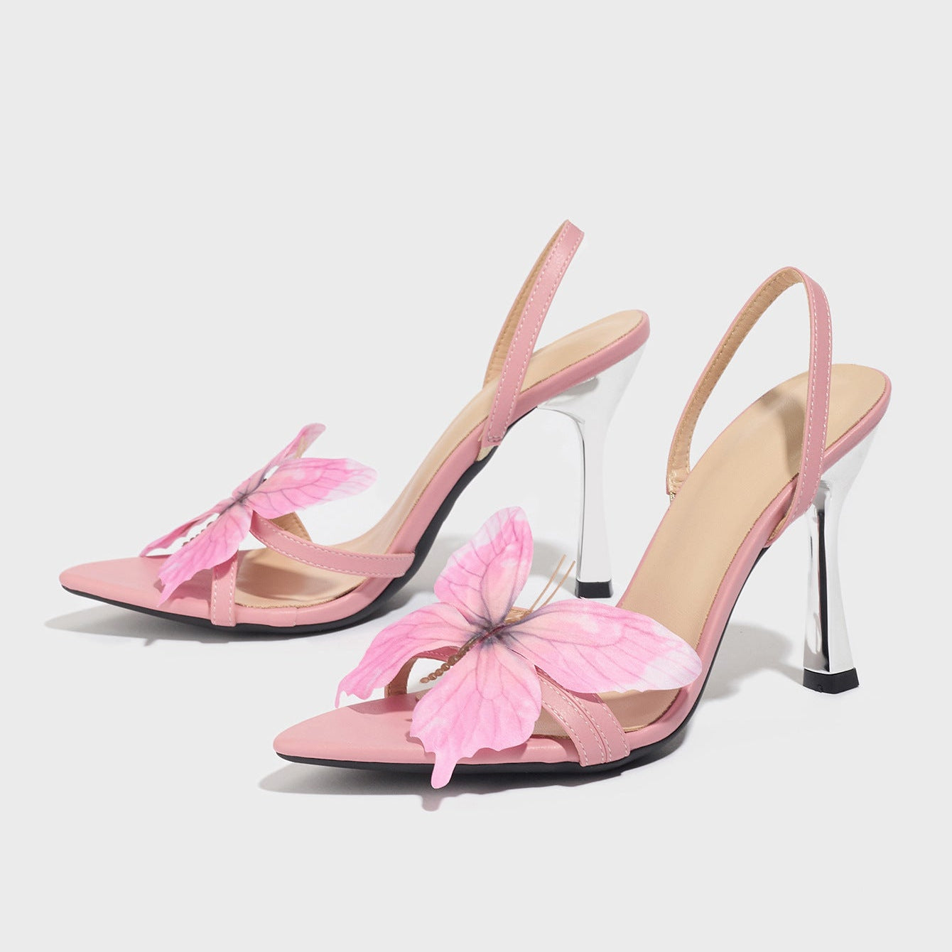 3D Iridescent Butterfly Embellished Matte Pink Stiletto Sandals
