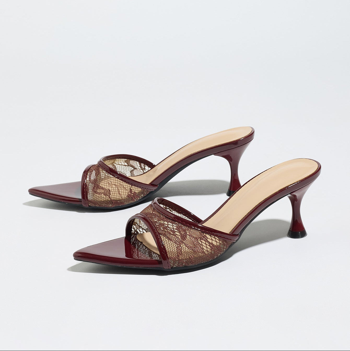 Lace Mesh Pointed Toe Kitten Heel Mules