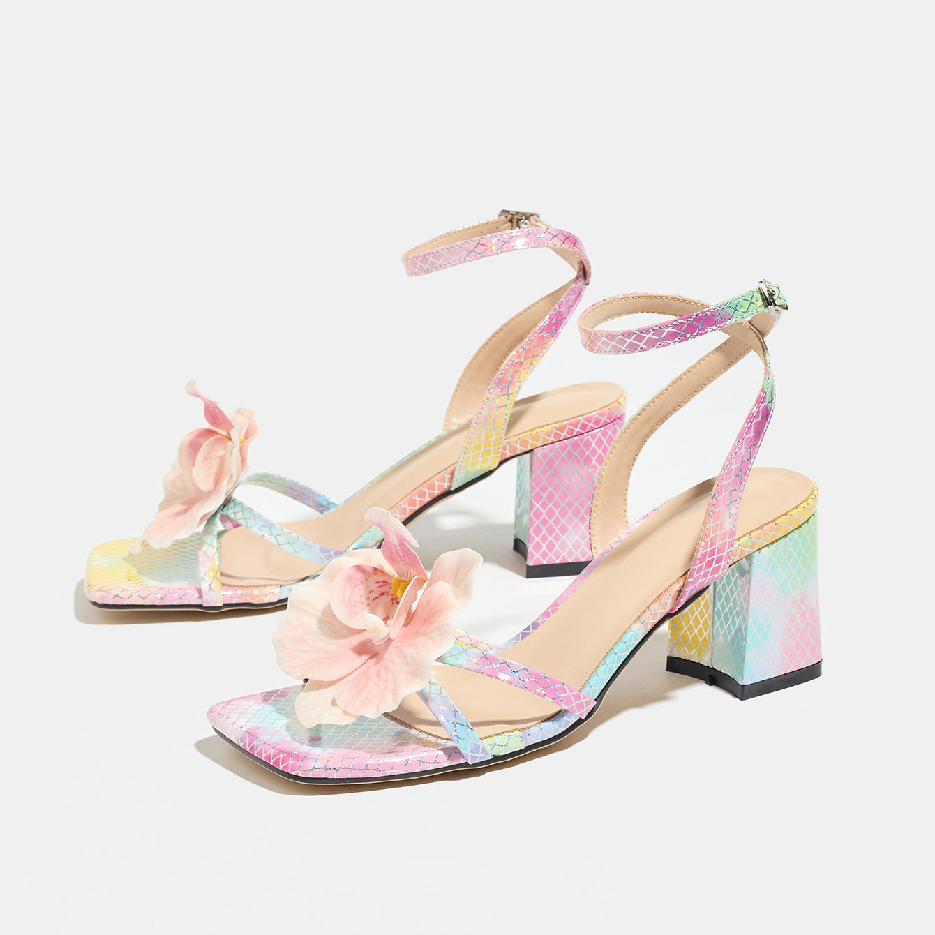 Orchid Embellished Colorblock Block Heel Sandals