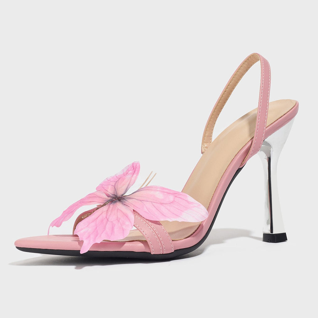 3D Iridescent Butterfly Embellished Matte Pink Stiletto Sandals