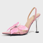 3D Iridescent Butterfly Embellished Matte Pink Stiletto Sandals