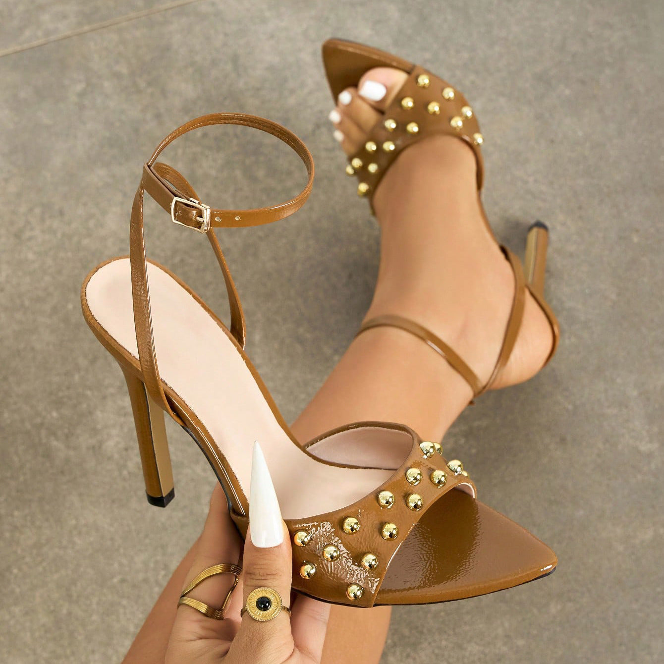 Studded Pointed Toe Stiletto Sandals