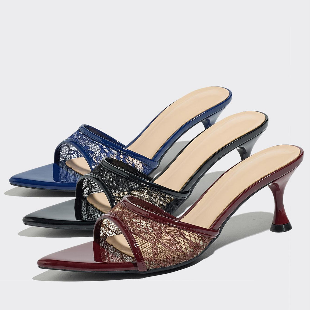 Lace Mesh Pointed Toe Kitten Heel Mules