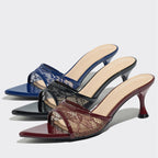Lace Mesh Pointed Toe Kitten Heel Mules