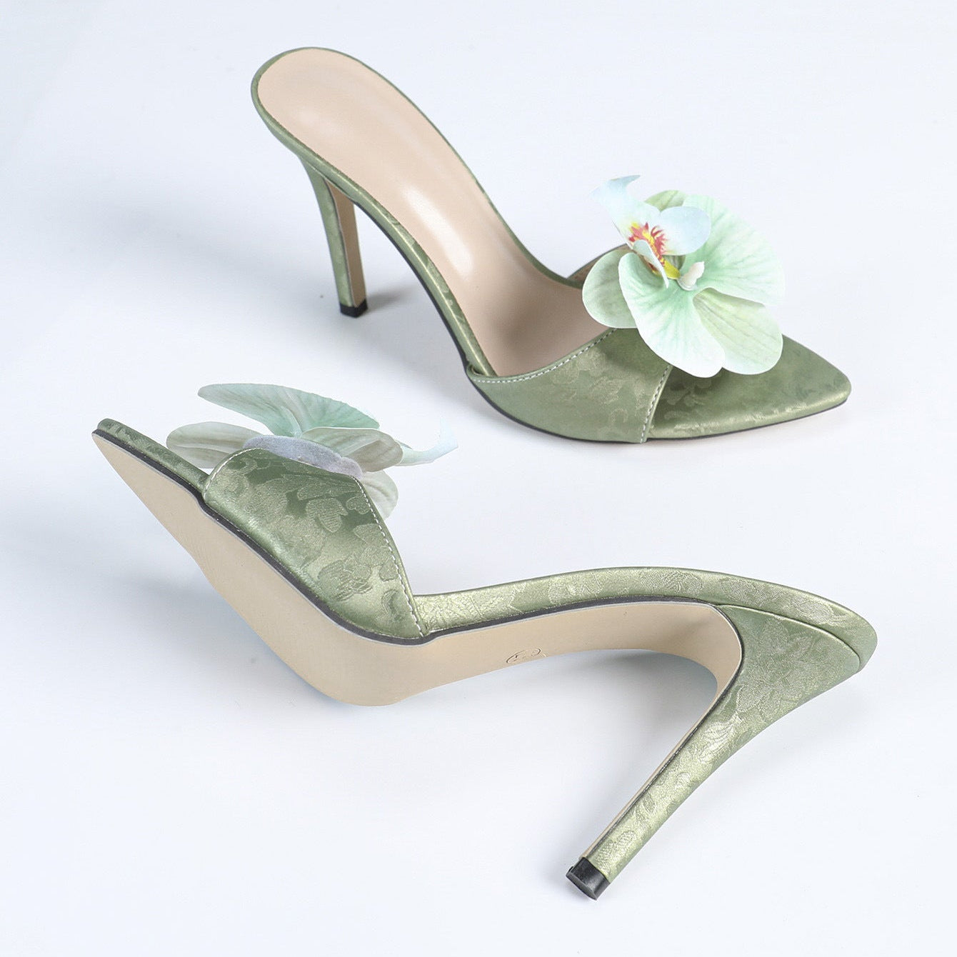 Handmade Orchid Embellished Satin Stiletto Mules