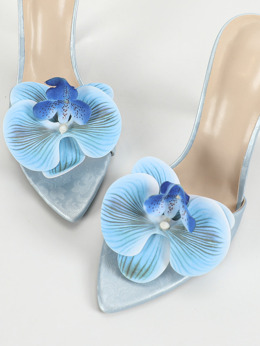 Handmade 3D Orchid Embellished Satin-Textured Stiletto Mules