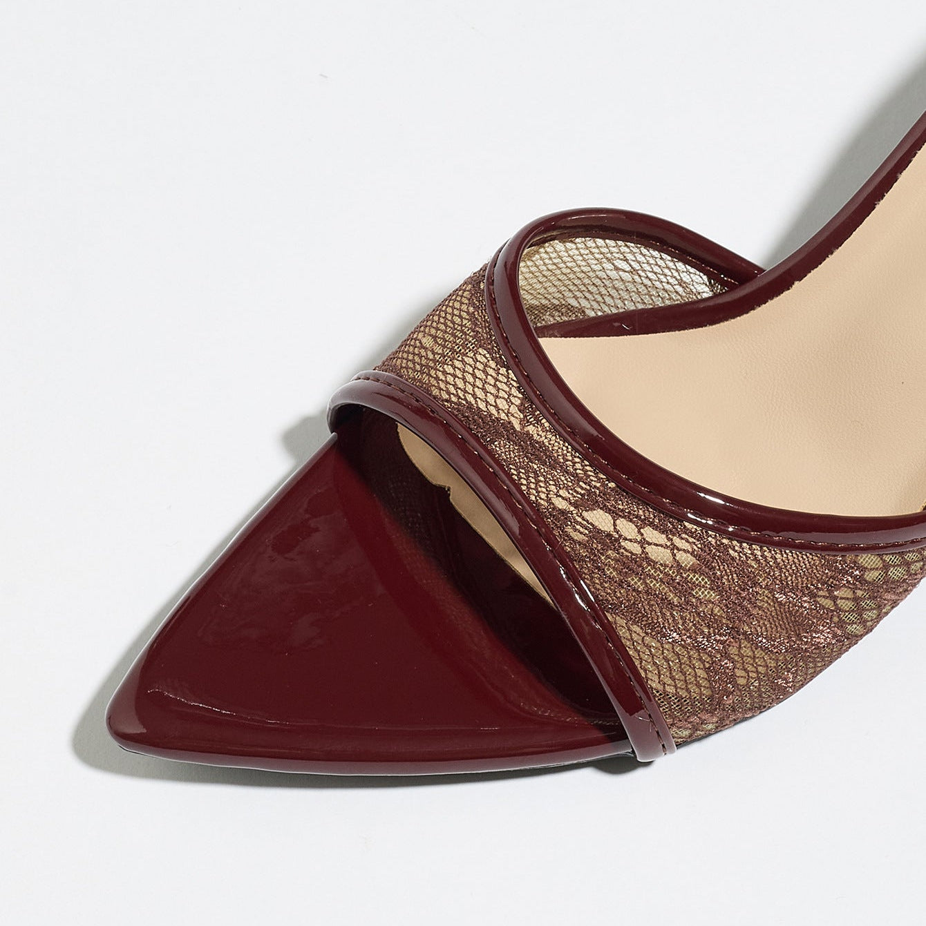 Lace Mesh Pointed Toe Kitten Heel Mules