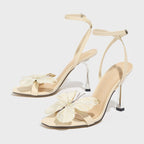 3D Iridescent Butterfly Embellished Matte Beige Fishmouth Stiletto Sandals