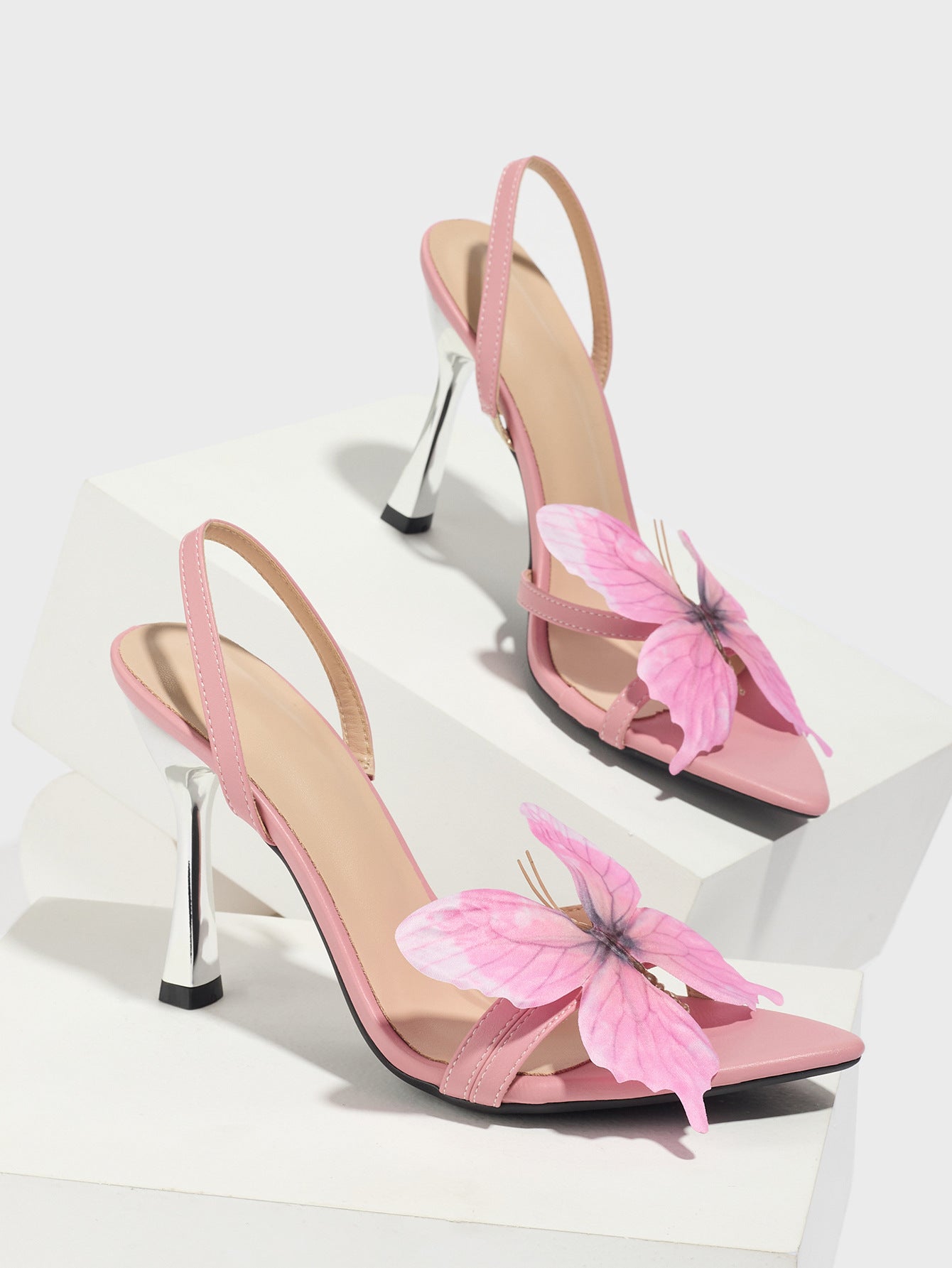 3D Iridescent Butterfly Embellished Matte Pink Stiletto Sandals
