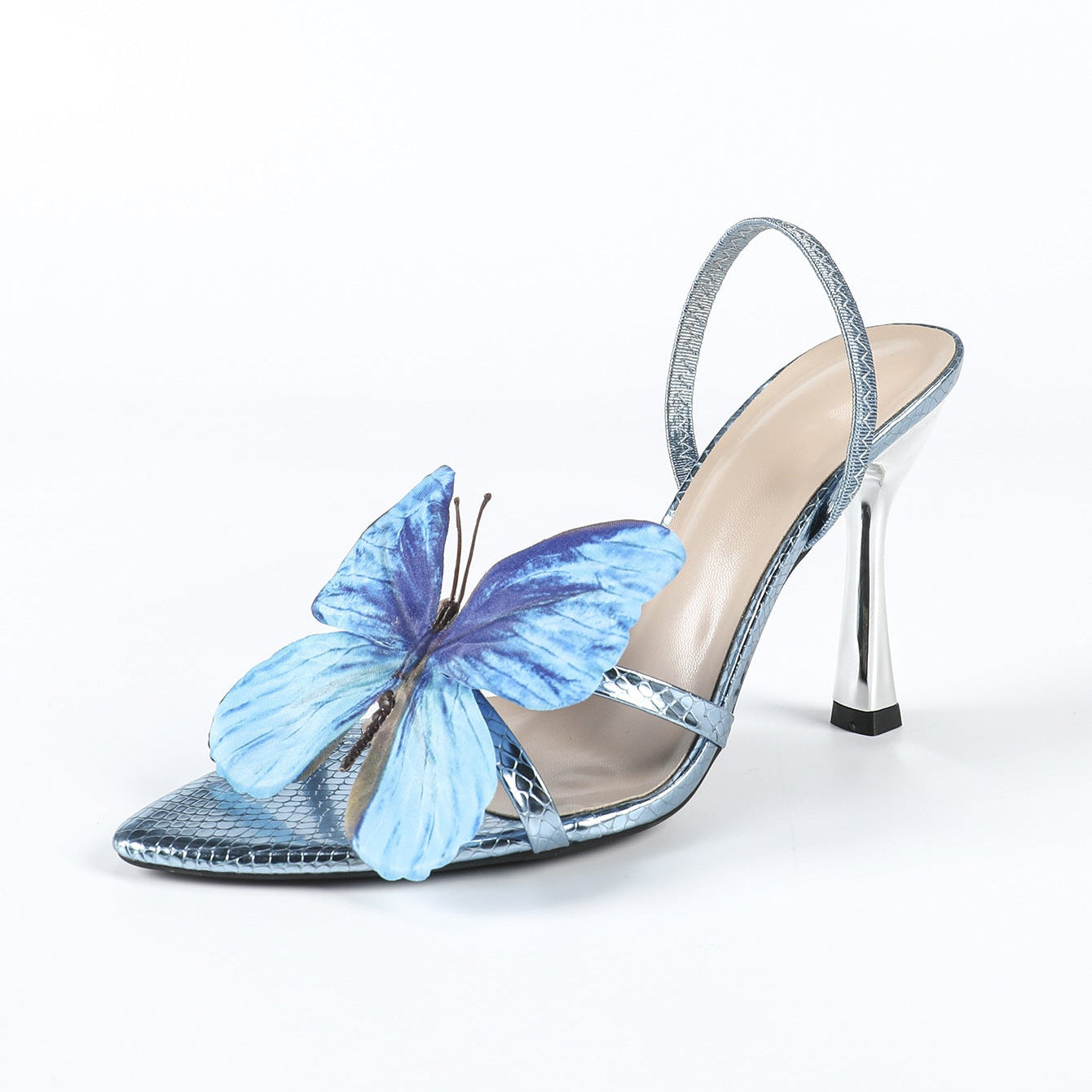 3D Butterfly Embellished Mirror Snake-Print Stiletto Sandals