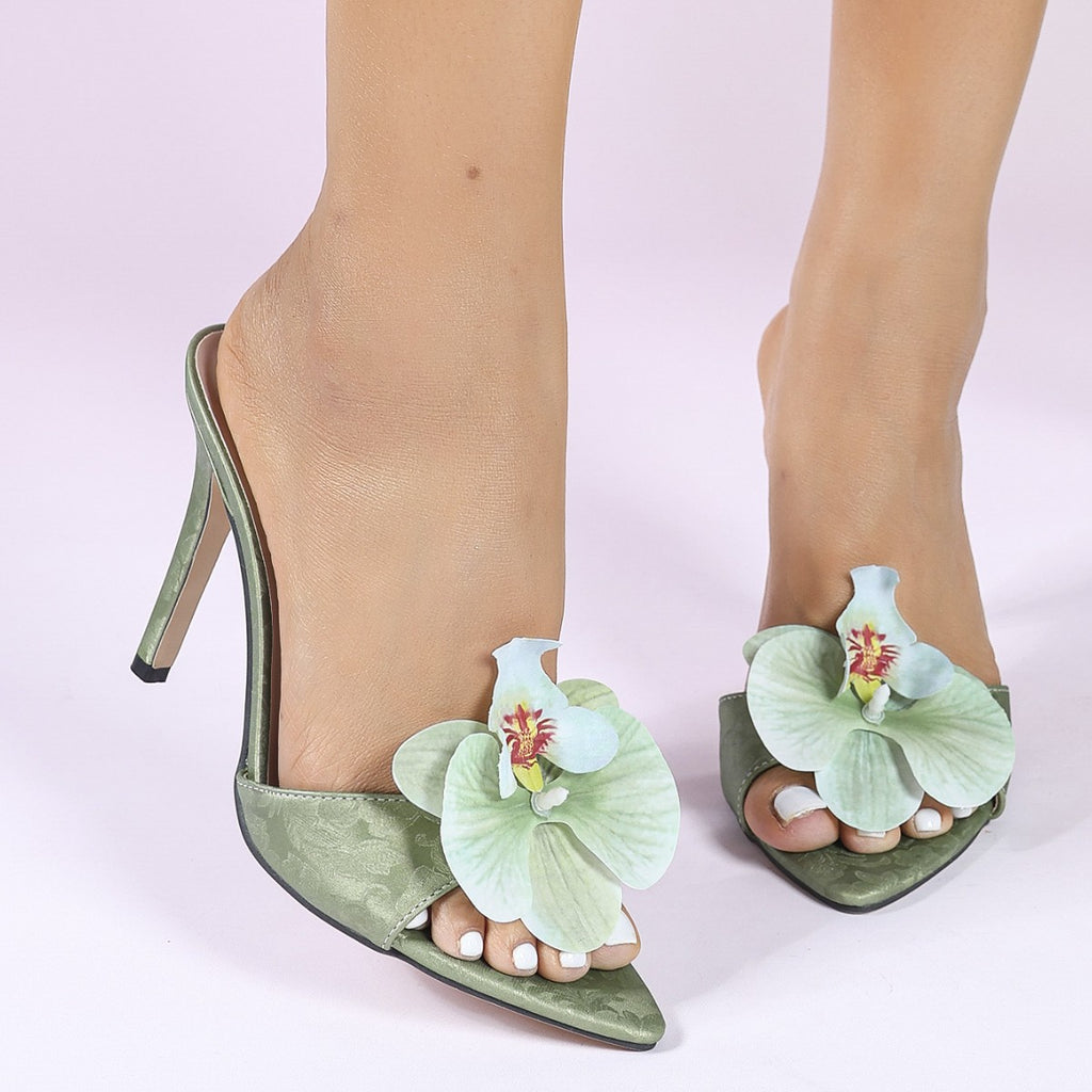Handmade Orchid Embellished Satin Stiletto Mules