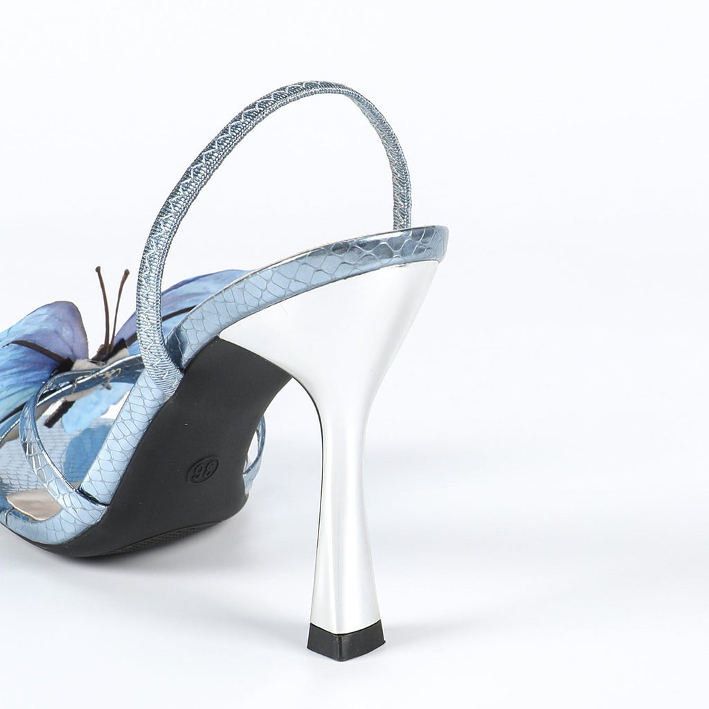 3D Butterfly Embellished Mirror Snake-Print Stiletto Sandals