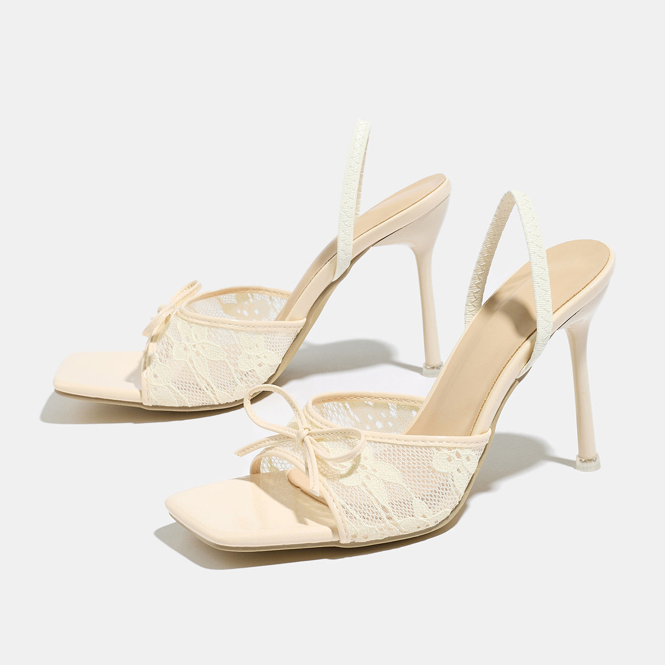 Lace Bow Square Toe Heeled Sandals