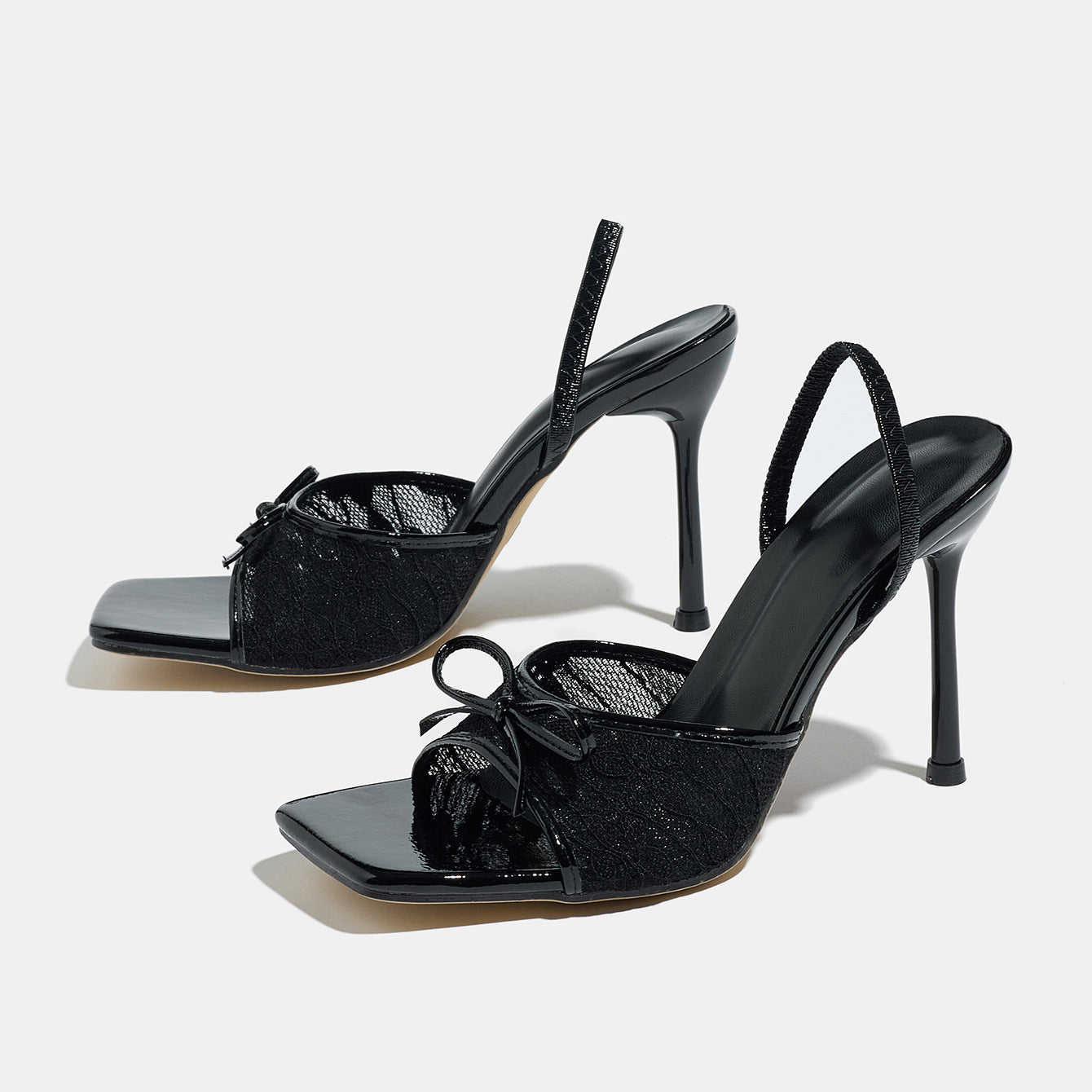 Lace Bow Square Toe Heeled Sandals