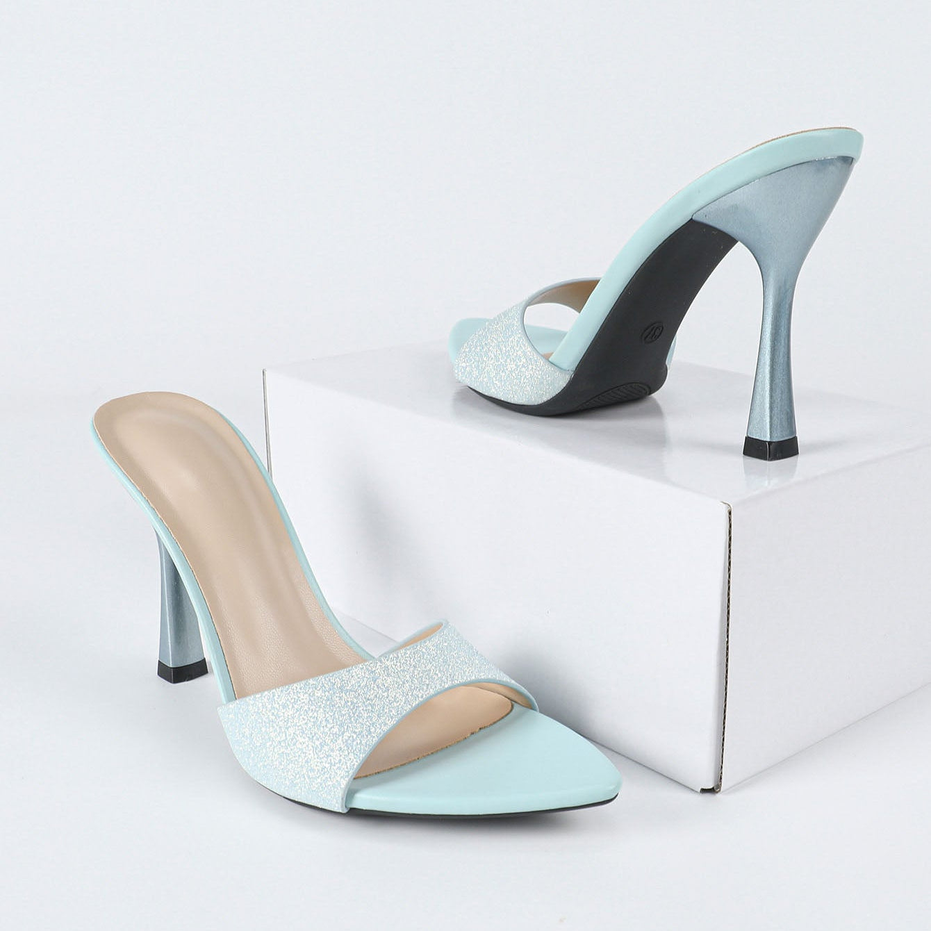 Glitter Accent Light Blue Pointed Toe Stiletto Mules