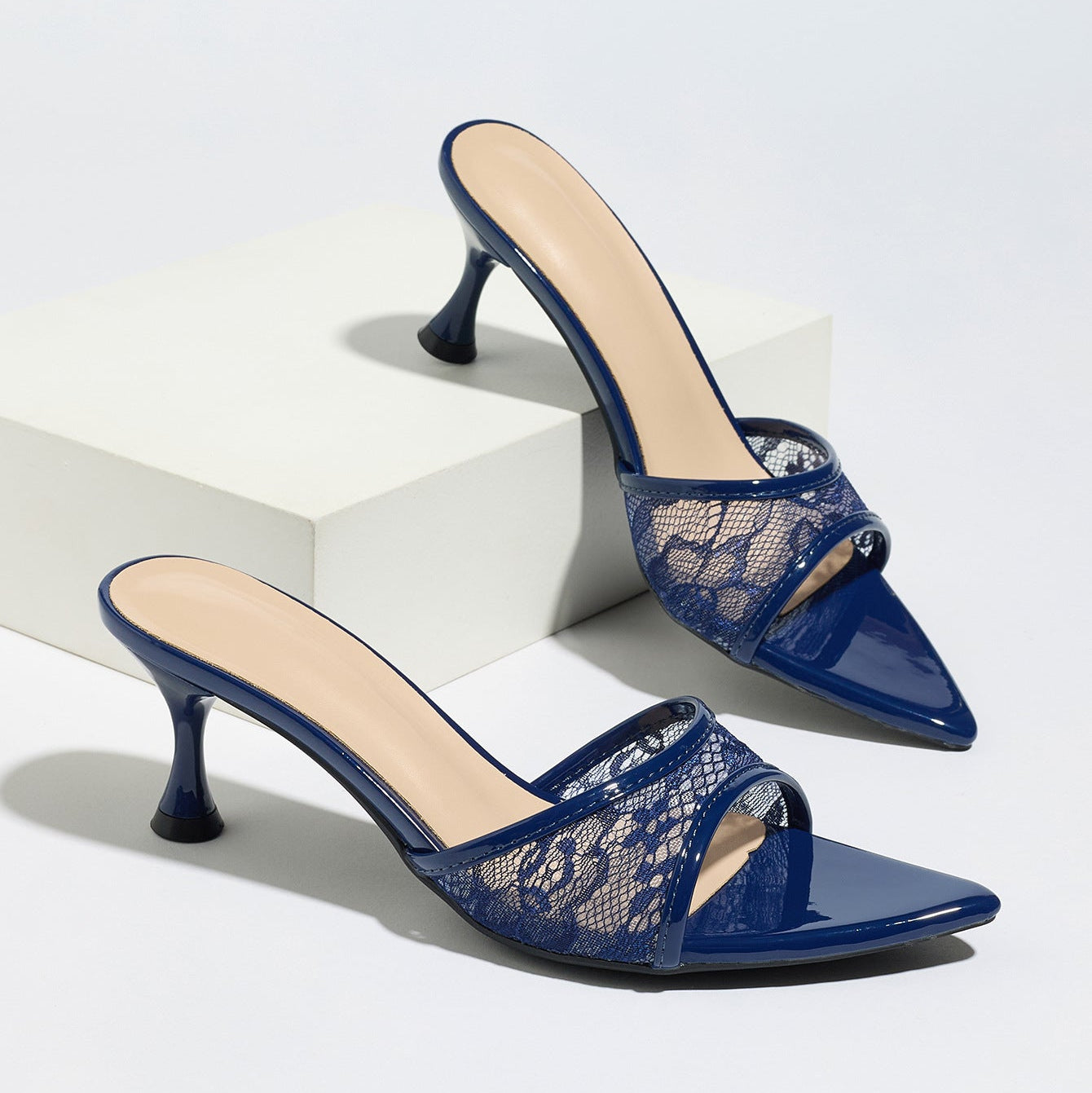 Lace Mesh Pointed Toe Kitten Heel Mules