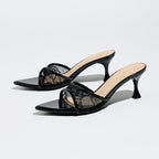 Lace Mesh Pointed Toe Kitten Heel Mules