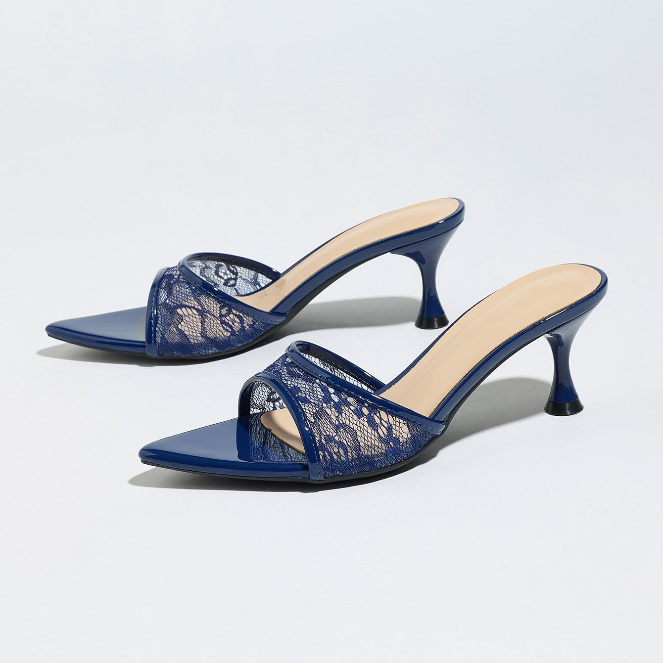 Lace Mesh Pointed Toe Kitten Heel Mules