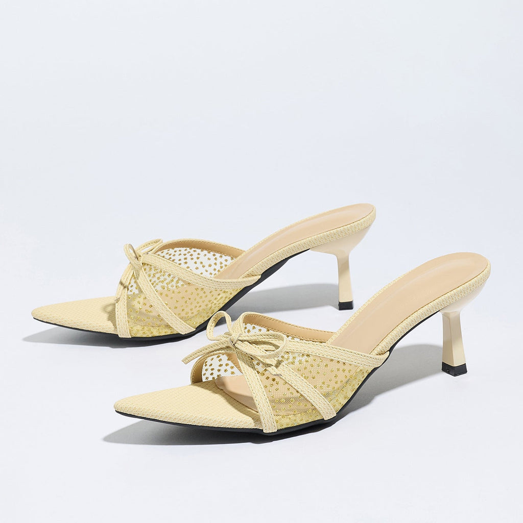 Sparkle Mesh Bow Pointed Toe Kitten Heel Mules