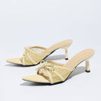Sparkle Mesh Bow Pointed Toe Kitten Heel Mules