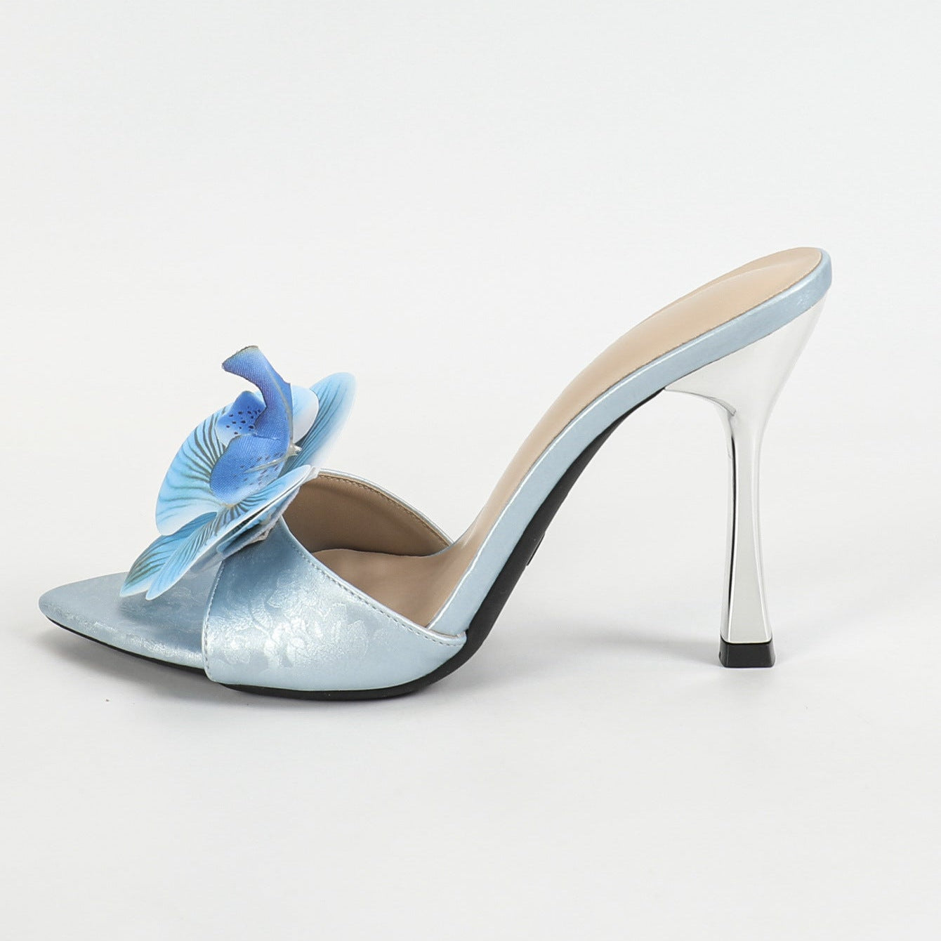 Handmade 3D Orchid Embellished Satin-Textured Stiletto Mules