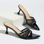 Lace Mesh Pointed Toe Kitten Heel Mules