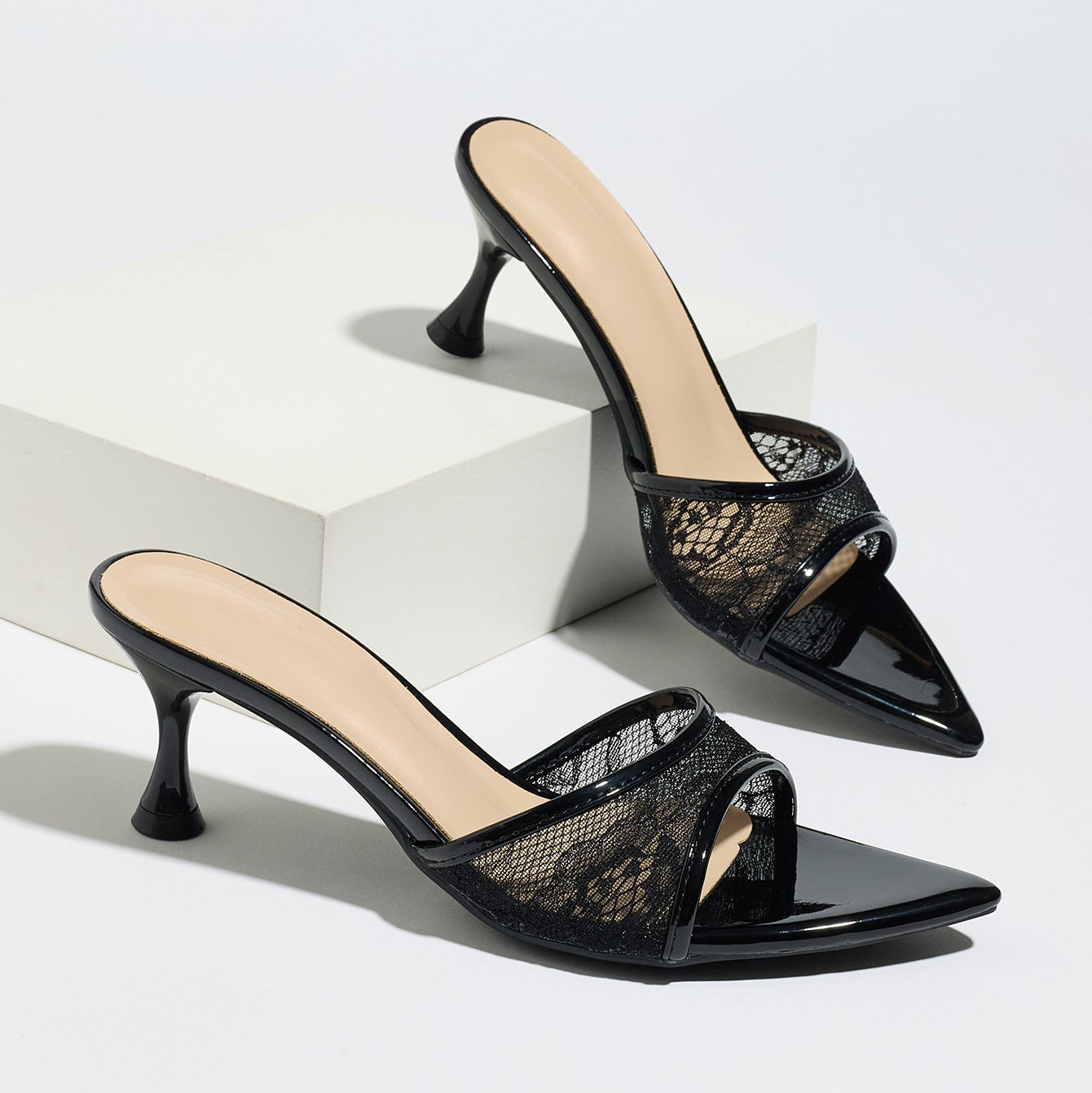 Lace Mesh Pointed Toe Kitten Heel Mules