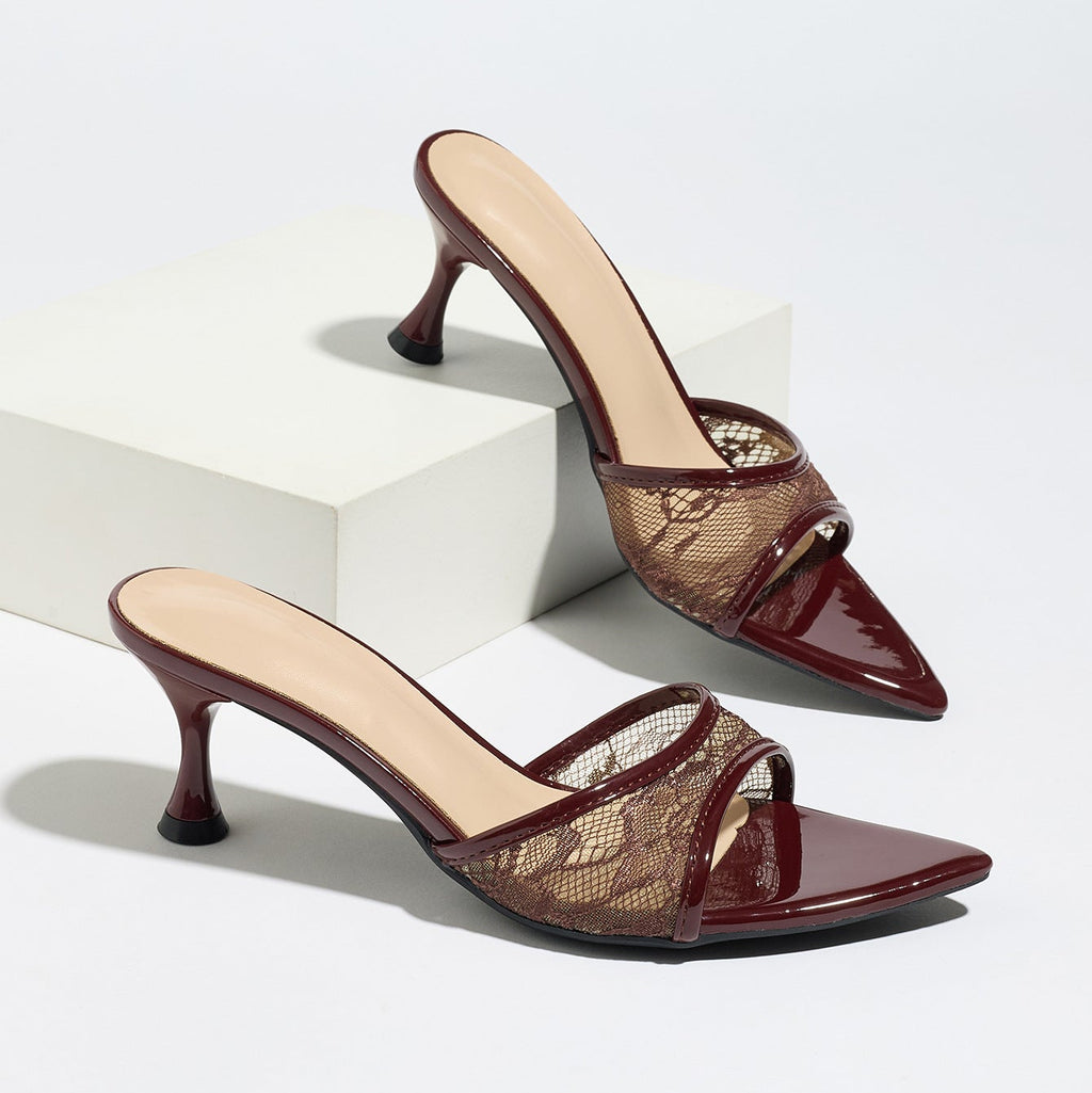 Lace Mesh Pointed Toe Kitten Heel Mules