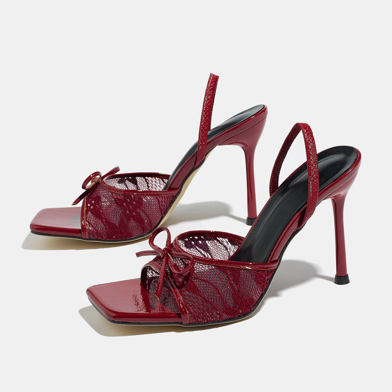 Lace Bow Square Toe Heeled Sandals